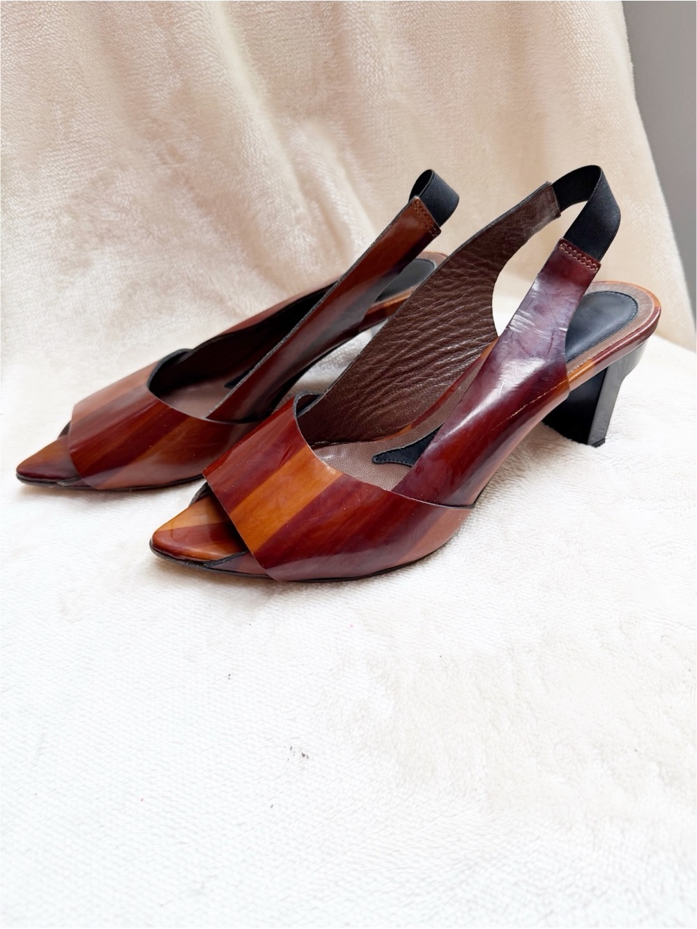 Women’s Brown Striped Slingback Heels - Leather Peep Toe